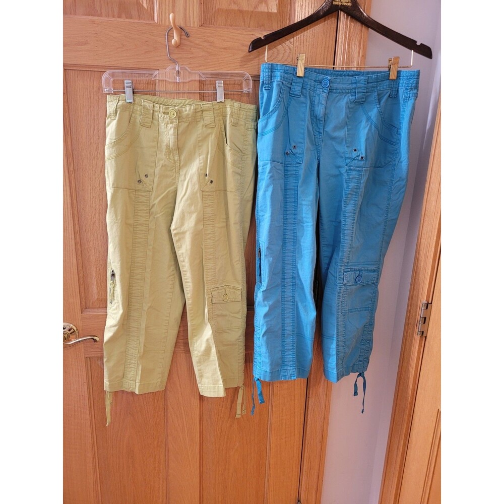 2 Pair style & co wmns crop cargo pants Sz 4 Lime Green & Blue, Pkts, Zip Button
